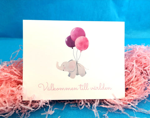 Hälsningskort Välkommen till världen Elefant rosa - Ballongbud.seHälsningskort